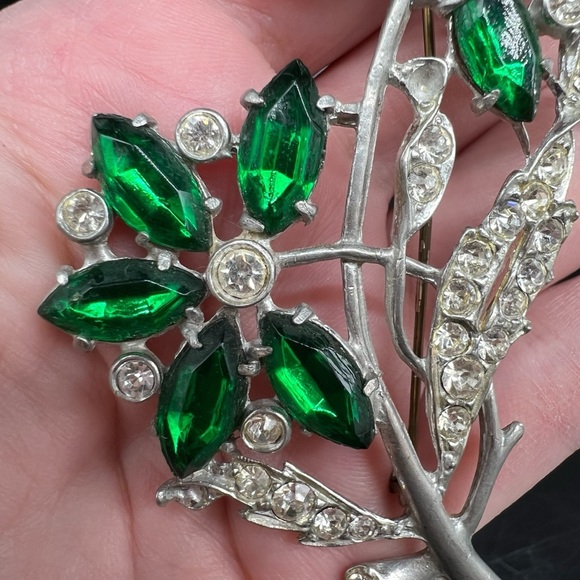 1930s Art Deco Czech Glass Pot Metal Flower Brooch Pin Foil Back Huge Nice Green - Picture 5 of 16